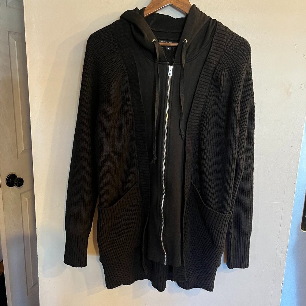 Central Park West Black Knit Hooded Cardigan with Zip Hoodie Layer